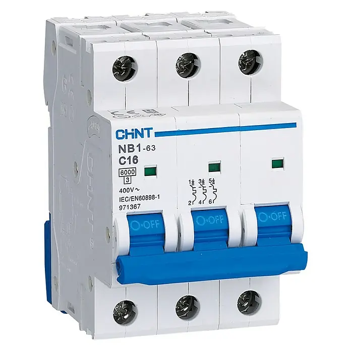 Chint Magnetotérmico automático NXB Curva C - C, 63 A, 3 ud. - Interruptor automático tripolar C16 de CHNT, diseñado para proteger los circuitos eléctricos de sobrecargas y cortocircuitos con un rendimiento fiable.