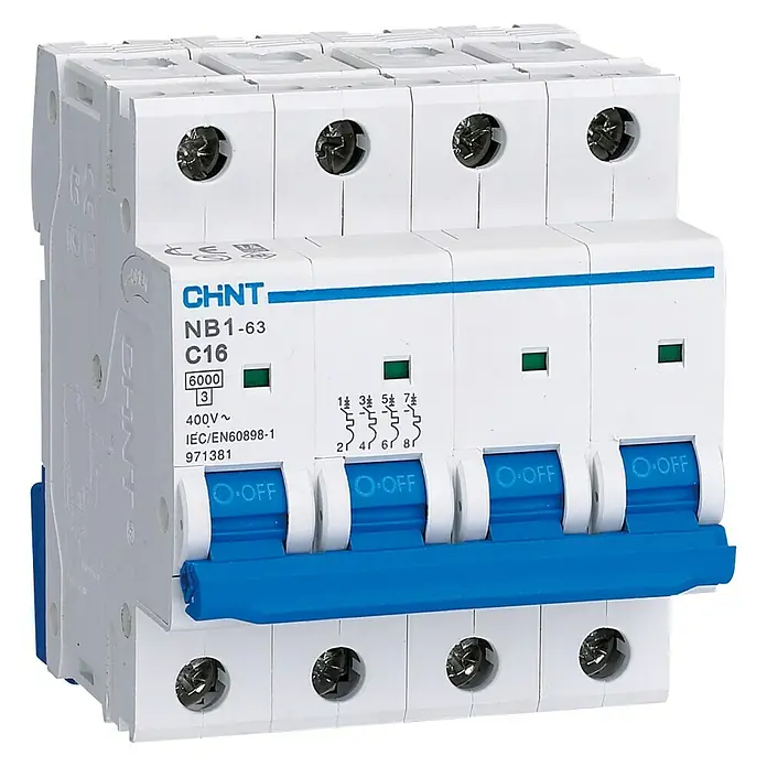 Chint Magnetotérmico automático NXB Curva C - C, 63 A, 4 ud. - Un interruptor automático trifásico NB1-63 C16 de CHNT, diseñado para proteger circuitos eléctricos de sobrecorrientes.