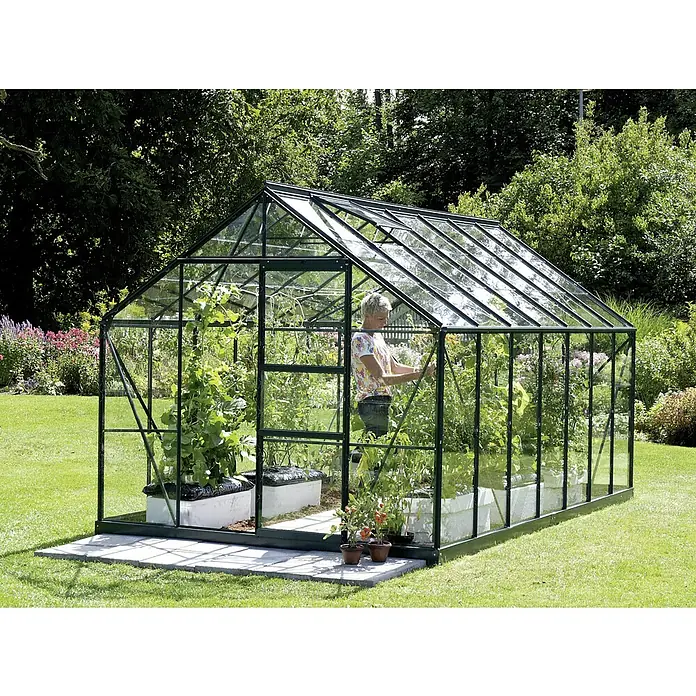 Vitavia Gewächshaus Merkur 11500 Plus - Außenmaß inkl. Dachüberstand (B x T): 257 x 445 cm, 3 mm, Smaragd - Ein Gewächshaus aus Glas mit dunklem Rahmen, gefüllt mit Pflanzen, steht in einem Garten mit einer Person darin.