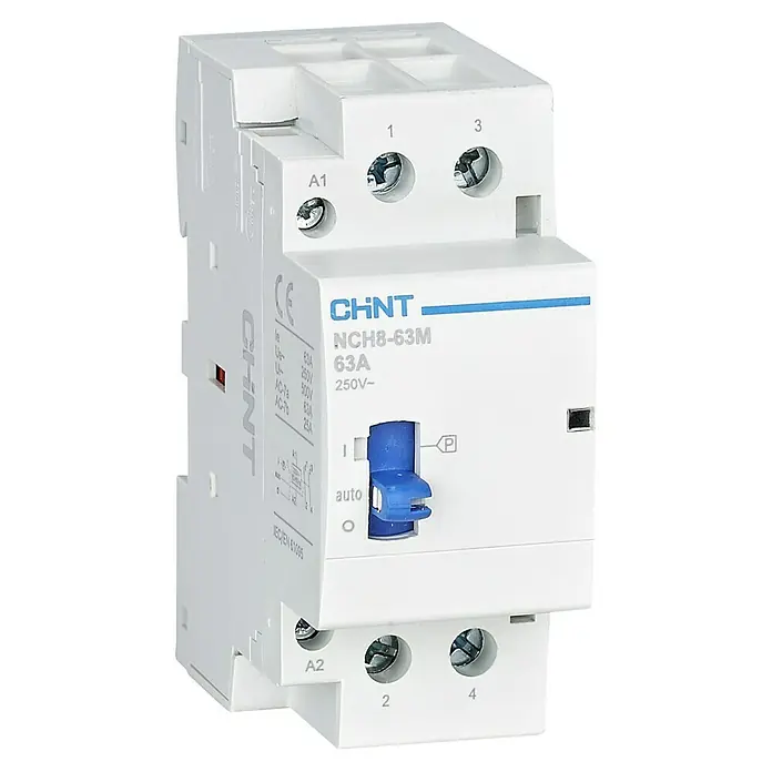 Chint Contactor modular NCH8 con mando - 25 A - Un contactor AC NCH8-63M 63A 250V~ de CHINT, un componente eléctrico para conmutar un circuito, con interruptor manual y terminales.
