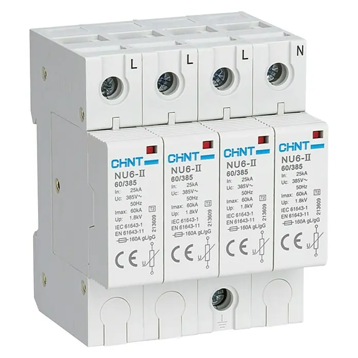 Chint Protector contra sobretensión NU6-II -  - Dispositivo de protección contra sobretensiones CHNT, modelo NU6-II 60/385, con marcas L y N para designar circuitos.