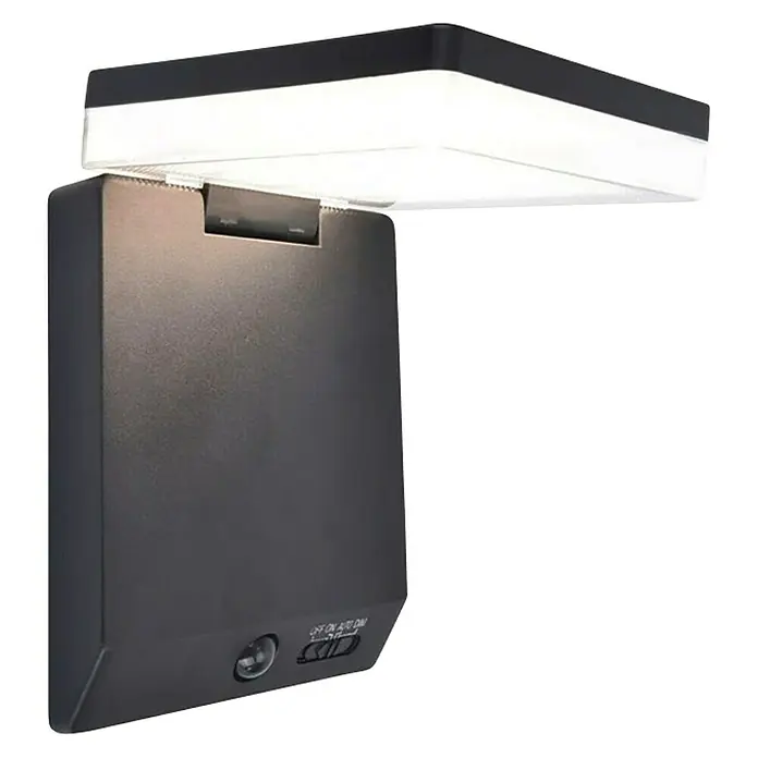 Lutec Solar-Außenwandleuchte Moze - 8 W, L x B x H: 19,5 x 14 x 15 cm, Schwarz matt, IP44, 1.000 lm - Nahaufnahme einer modernen, rechteckigen LED-Wandleuchte mit schwarzem Gehäuse und weißem Lichtpaneel.