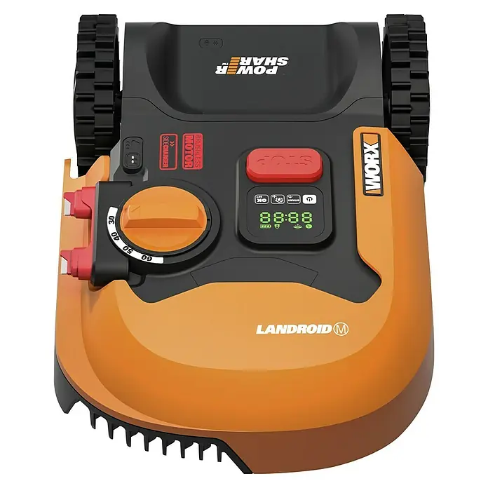 Worx PowerShare 20V Robot cortacésped Landroid M500 - 500 m², Ancho de corte: 18 cm, Navegación por inducción, Cable de antena - Un robot cortacésped WORX Landroid M con pantalla digital y carcasa de color naranja.