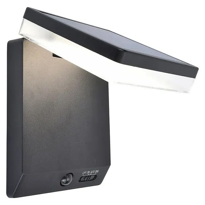 Lutec Solar-Außenwandleuchte Moze - 8 W, L x B x H: 19,5 x 14 x 15 cm, Schwarz matt, IP44, 1.000 lm - Nahaufnahme einer schwarzen Solarwandleuchte mit LED-Beleuchtung.