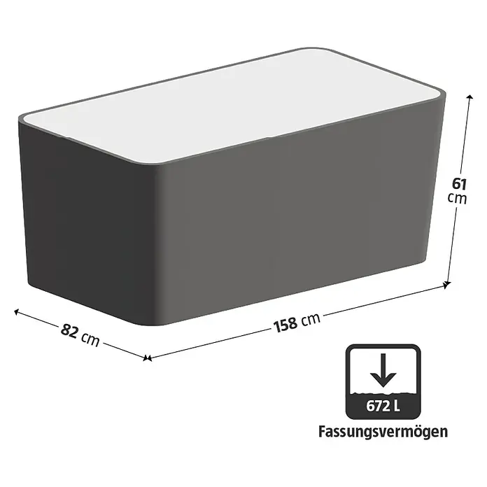 KHW Hochbeet Demeter XL - 158 x 82 x 61 cm, Kunststoff, Anthrazit - Abbildung einer rechteckigen, grauen Gartenbox mit den Maßen 158 x 82 x 61 cm und einem Volumen von 672 Litern.