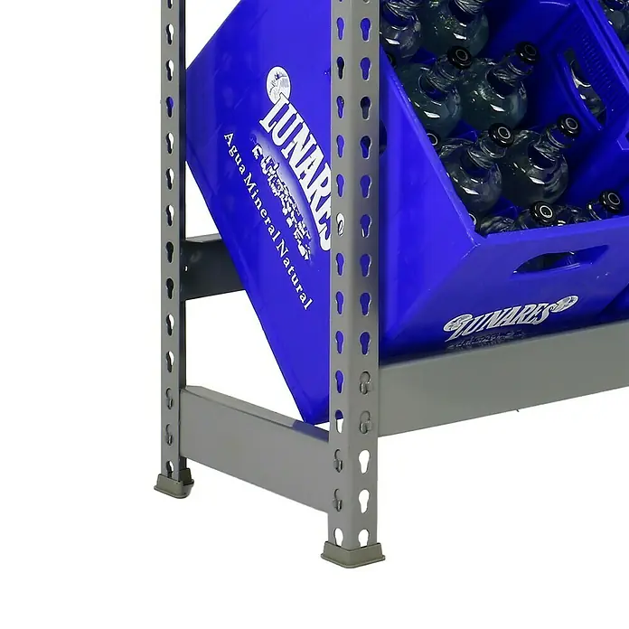 Simonrack Simonbottle Getränkekistenregal Bottleclick - H x B x T: 100 x 100 x 30 cm, Traglast Einlegeboden: 100 kg, Anzahl Böden: 2 Stk., Stecken, Grau - Regal mit blauen Kisten Lunares Mineralwasserflaschen, die aufbewahrt werden, mit stabilem Metallrahmen und sicherem Stand.