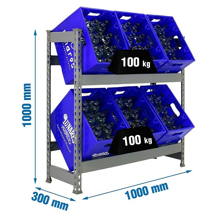 Simonrack Estantería para cajas de bebidas (L x An x Al: 30 x 100 x 100 cm, Capacidad de carga: 100 kg/balda, Apto para: 6 Cajas)