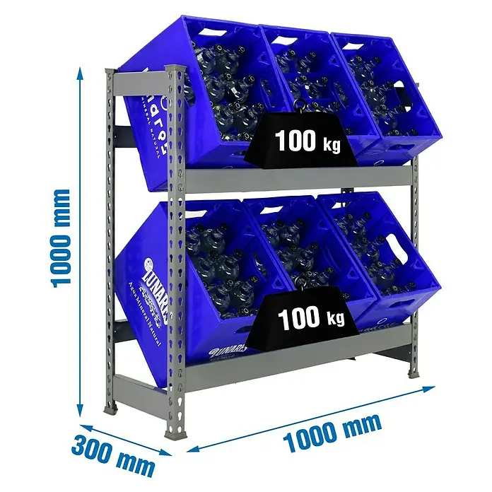 Simonrack Simonbottle Getränkekistenregal Bottleclick - H x B x T: 100 x 100 x 30 cm, Traglast Einlegeboden: 100 kg, Anzahl Böden: 2 Stk., Stecken, Grau - Bild eines zweistöckigen Lagerregals mit blauen Kisten, gefüllt mit Wasserflaschen, mit Gewichtsangaben.