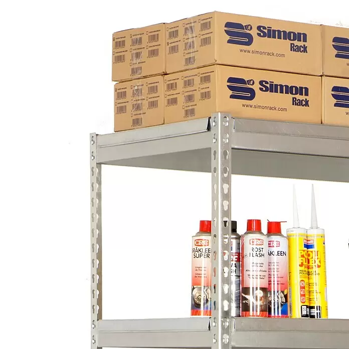 Simonrack Bricoforte Schwerlastregal Bricoforte Metall - H x B x T: 200 x 100 x 60 cm, Traglast pro Boden: 300 kg, Anzahl Böden: 5 Stk., Stecken, Silber/Silber - Verzinktes Metallregal mit Kartons oben und verschiedenen Chemieprodukten unten.