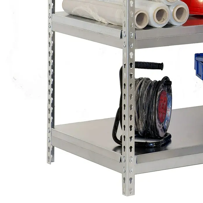 Simonrack Bricoforte Schwerlastregal Bricoforte Metall - H x B x T: 200 x 100 x 60 cm, Traglast pro Boden: 300 kg, Anzahl Böden: 5 Stk., Stecken, Silber/Silber - Regal mit einer Rolle Verlängerungskabel, Folienrollen und einer roten Box. Ideal für Werkstatt, Lager oder Garage zur Aufbewahrung.
