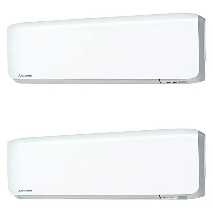 Mitsubishi Aire acondicionado Inverter 30ZS 2x1 - 5.000 W, 2.700 W, 15 m², Blanco - Dos aires acondicionados Mitsubishi blancos montados en la pared.