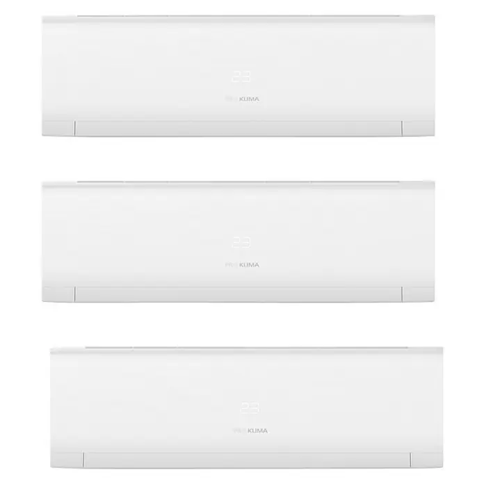 PR Klima Aire acondicionado Inverter Pro 3x1 - 3.400 W, 3.800 W, 15 m² - 25 m², Blanco - Tres aires acondicionados blancos ProKlima están apilados uno encima del otro, mostrando la temperatura "23".