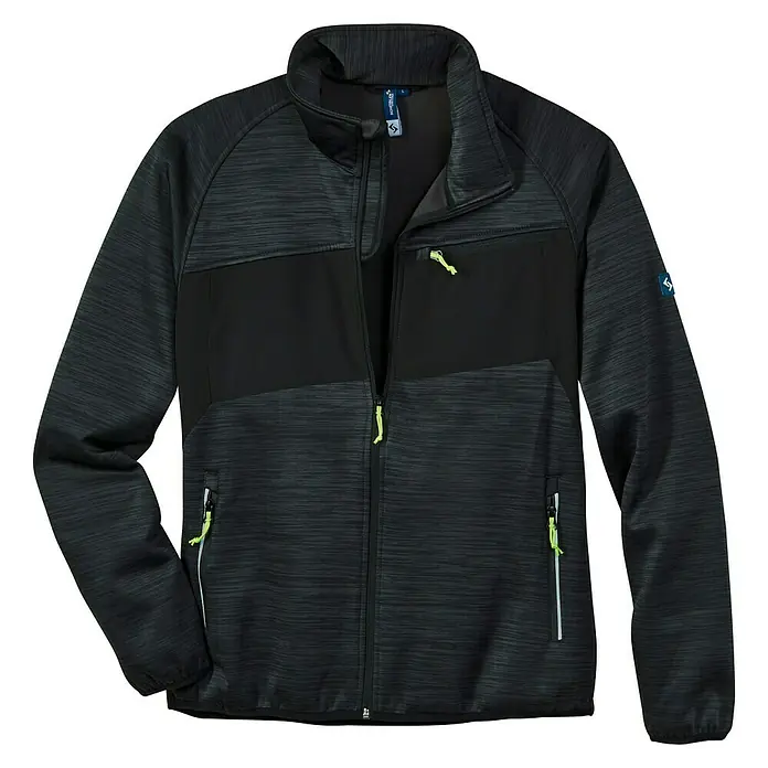 Scheibler Strick-Softshell-Jacke Steinbach - Anthrazit/Schwarz, M - Herren-Softshelljacke in Schwarz und Grau mit Reißverschluss und neonfarbenen Details für einen sportlichen Look.