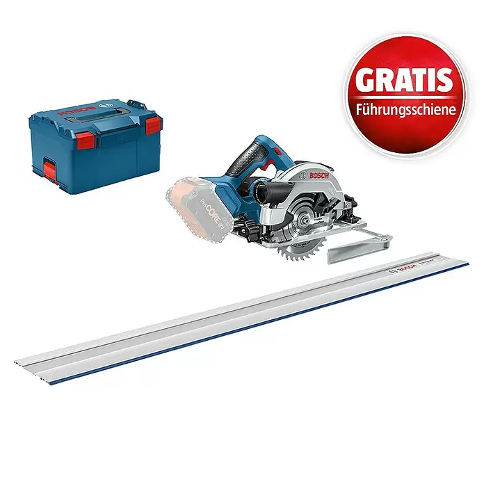 Bosch Professional Akku-Handkreissäge GKS 18V-57 G L-Boxx + GRATIS Führungsschiene FSN 1400 - 18 V, Ohne Akku - Blaues Bosch Akku-Kreissägen-Set mit Koffer und einer langen, silbernen, kostenlosen Führungsschiene.