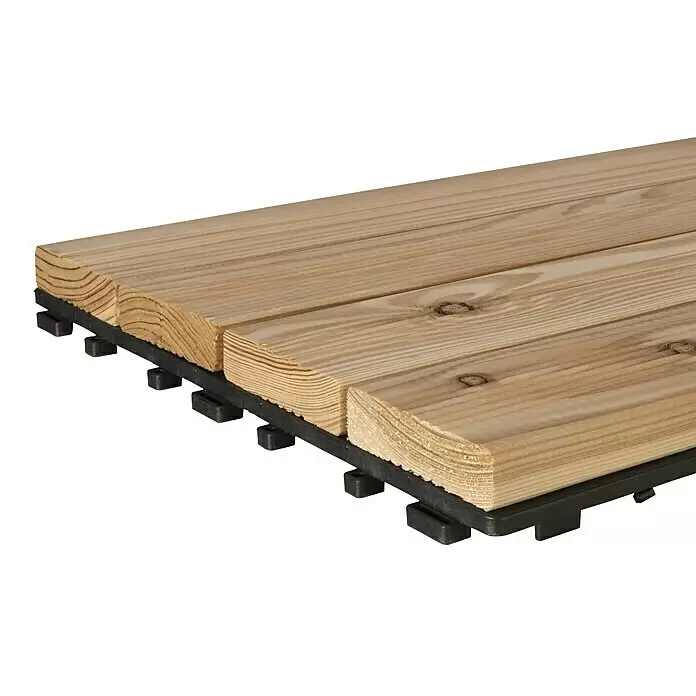 Klickfliese - Douglasie, 60 x 30 x 3 cm, Braun, 2 Stk. - Hellbraune Holz-Terrassenplatte mit schwarzem Kunststoff-Stecksystem.