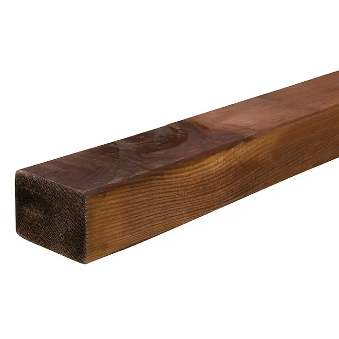 Konstruktionsholz300 x 7 x 4,5 cm, Kiefer, Glatt gehobelt, Teak - Nahaufnahme eines rechteckigen Holzpfostens, der die natürliche Maserung und die warmen Farbtöne des Holzes hervorhebt.