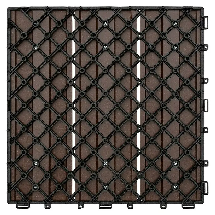 Klickfliese - WPC, 30 x 30 x 2,2 cm, 4 Stk., Marone - Nahaufnahme einer quadratischen Terrassendiele in Braun mit einem schwarzen Gittermuster für den Außenbereich.
