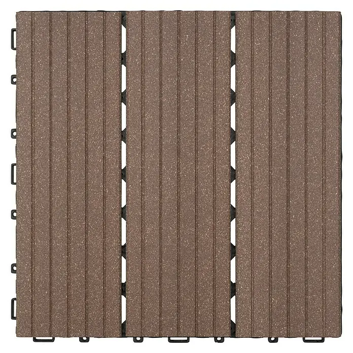 Klickfliese - WPC, 30 x 30 x 2,2 cm, 4 Stk., Marone - Drei braune Terrassendielen aus Holzverbundstoff mit gerillter Oberfläche, die ein sauberes, modernes Aussehen verleihen.