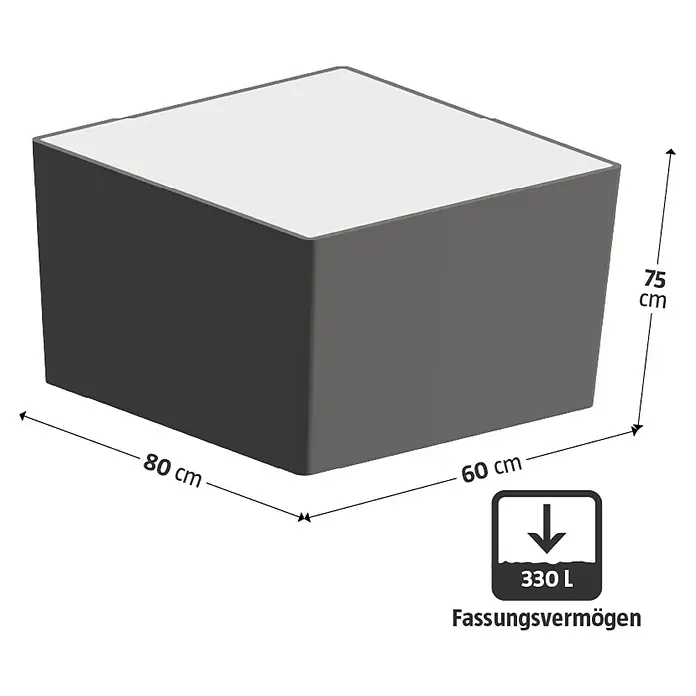 Garantia Hochbeet Ergo Quadro M Stone - Set - 60 x 80 x 75 cm, Kunststoff, Anthrazit - Abbildung eines quadratischen Behälters mit den Maßen 80 cm x 60 cm x 75 cm und einem Volumen von 330 Litern.