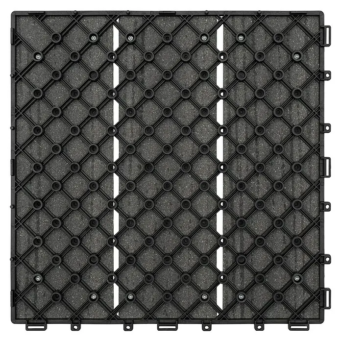 Klickfliese - WPC, 30 x 30 x 2,2 cm, 4 Stk., Graphit - Quadratische, schwarze Terrassenfliese mit Gittermuster und runden Aussparungen für eine einfache und stilvolle Gestaltung des Außenbereichs.