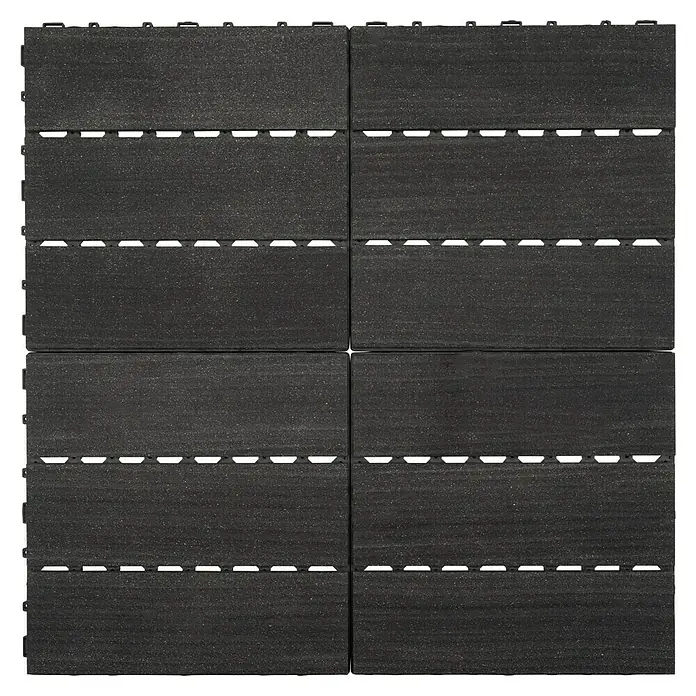 Klickfliese - WPC, 30 x 30 x 2,2 cm, 4 Stk., Graphit - Bild eines Sets schwarzer, ineinandergreifender Terrassenfliesen, die ein quadratisches Muster bilden und eine robuste Außenfläche schaffen.