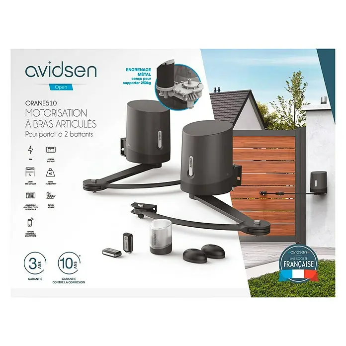 Avidsen Mecanismo de puerta de garaje Orane 510 con brazo articulado - Anchura puerta: 0 m - 2,5 m - Imagen de un sistema de automatización de puertas de brazo articulado Avidsen ORANE510 para puertas de doble hoja, robusto y resistente a la corrosión.