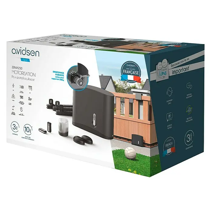 Avidsen Mecanismo de puerta de garaje Zenia 250 - Anchura puerta: 0 m - 4 m, 24 W - Imagen del producto de la caja del motor para puerta corredera Avidsen Zenia 250 y sus accesorios.