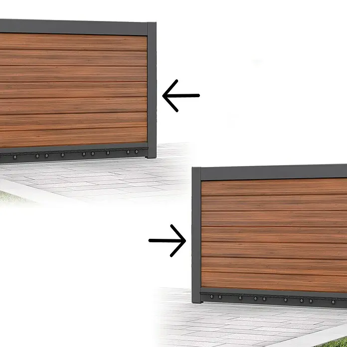 Avidsen Mecanismo de puerta de garaje Zenia 250 - Anchura puerta: 0 m - 4 m, 24 W - Sistema de puerta corredera de paneles de madera con marco gris, ideal para espacios exteriores modernos. Las flechas indican la dirección de deslizamiento.