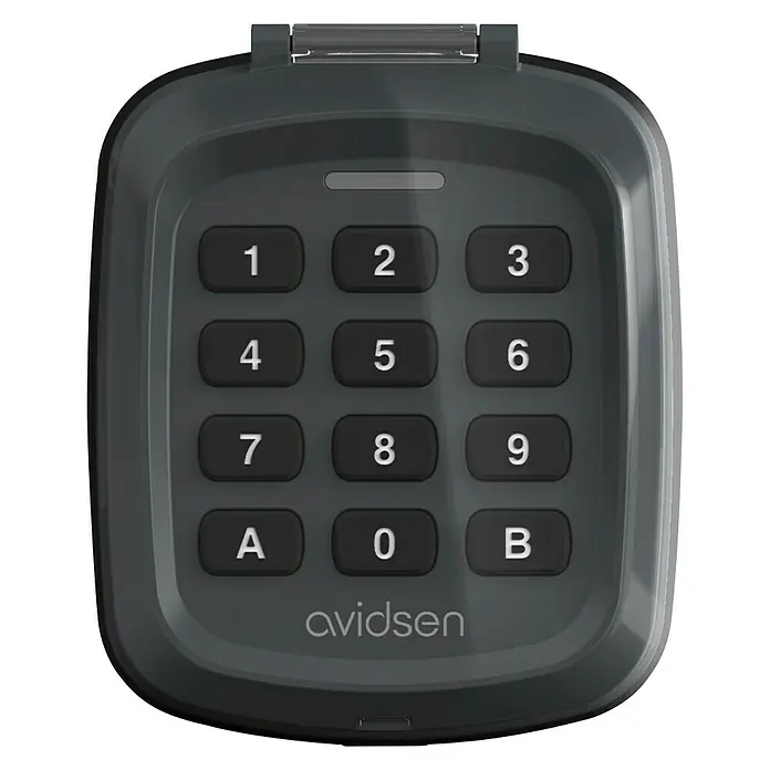 Avidsen Teclado de código inalámbrico - Alcance: 80 m - Primer plano de un teclado Avidsen para puerta de garaje con botones 1-9, A, 0 y B.