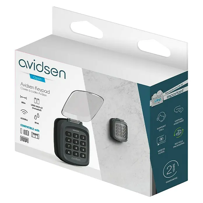 Avidsen Teclado de código inalámbrico - Alcance: 80 m - Un paquete de teclado Avidsen con el producto y las especificaciones relacionadas.