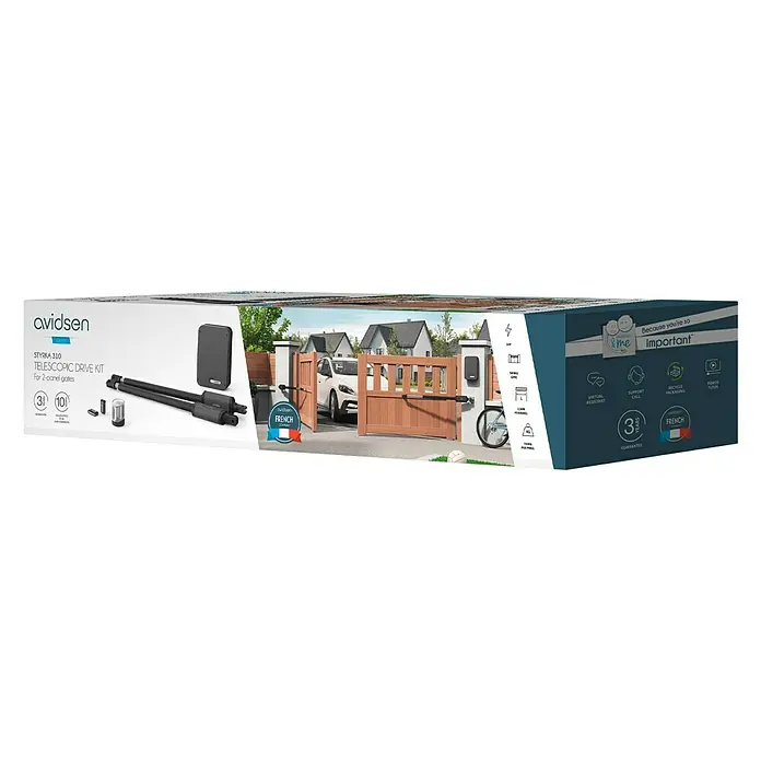 Avidsen Mecanismo de puerta de garaje Styrka 310 - Anchura puerta: 0 m - 2,5 m - Embalaje del producto para el kit de accionamiento telescópico de puerta Avidsen STYRKA 310 para puertas de doble hoja, ideal para automatizar su puerta.