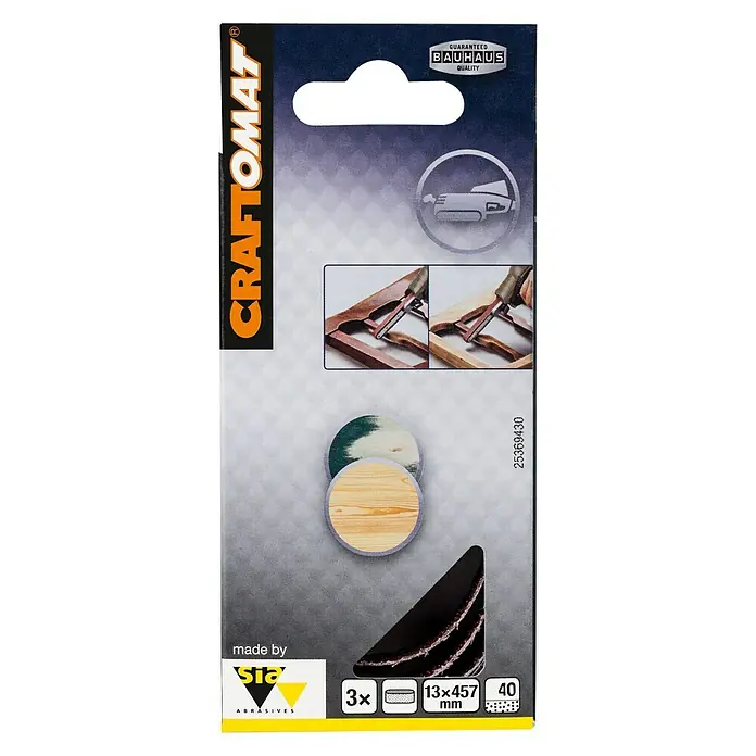 Craftomat Lija de banda - L x An: 457 x 13 mm, Grano: 40, 3 ud. - Paquete de papel de lija Craftomat con 3 discos de lijado para lijar y pulir madera, metal y plástico.