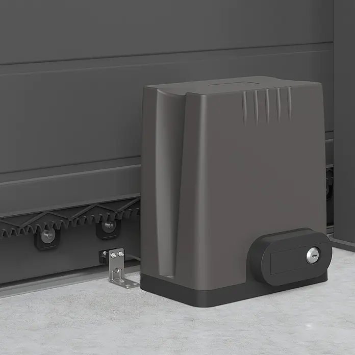 Avidsen Módulo de comando inalámbrico WiFi - 50 m - Primer plano de un abridor de puerta corredera gris con cremallera y soporte de montaje, ideal para sistemas automáticos.