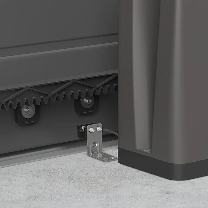 Avidsen Módulo de comando inalámbrico WiFi - 50 m - Primer plano de un sistema de puerta automática con cremallera y unidad de accionamiento. Construcción duradera para un funcionamiento fiable.