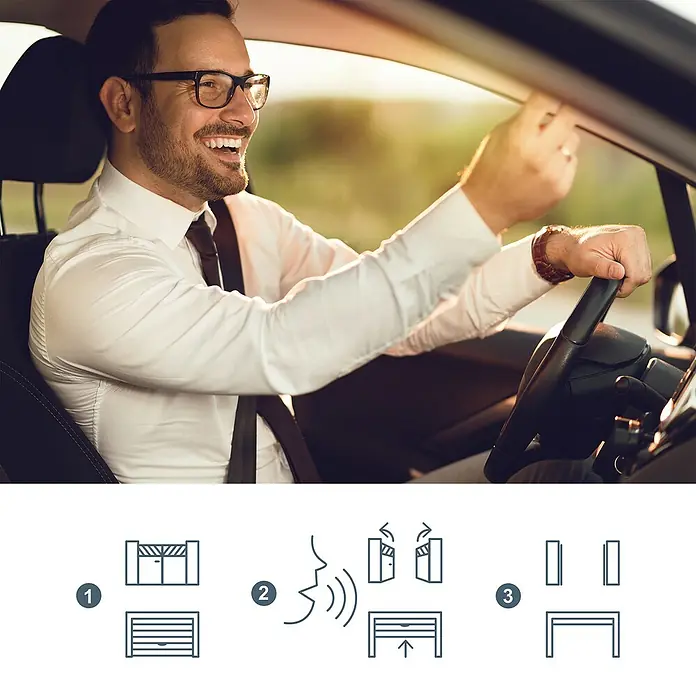 Avidsen Módulo de comando inalámbrico WiFi - 50 m - Hombre conduciendo un coche; ilustraciones muestran funciones de la puerta del garaje.