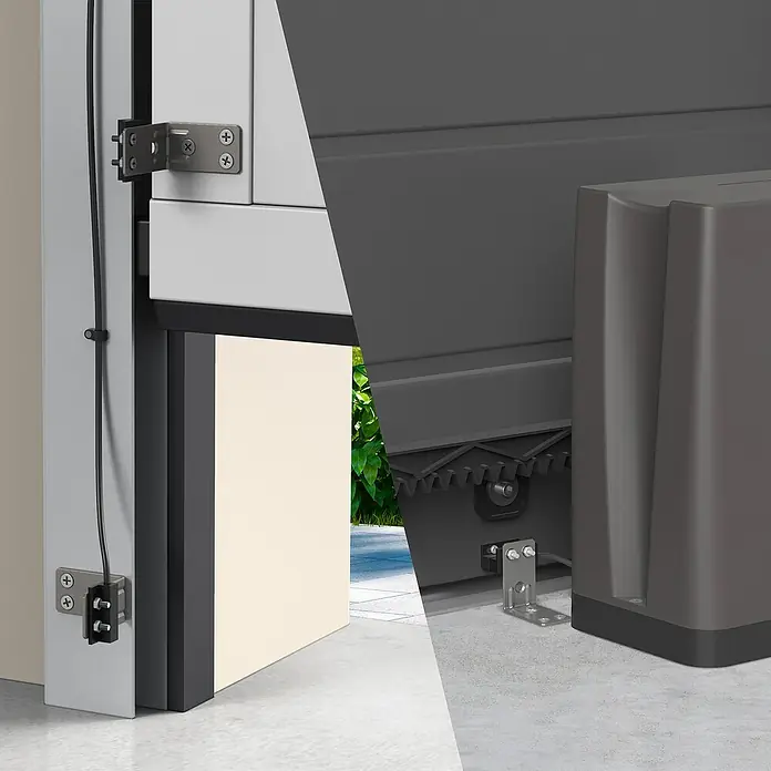 Avidsen Módulo de comando inalámbrico WiFi - 50 m - Primer plano de un abridor automático de puerta de garaje con cremallera y piñón y hardware asociado.