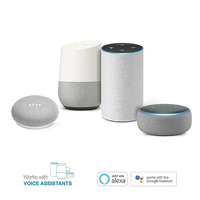 Avidsen Módulo de comando inalámbrico WiFi - 50 m - Cuatro altavoces inteligentes: Google Home y Mini en blanco/gris, Amazon Echo y Dot en gris claro. Compatibles con asistentes de voz.