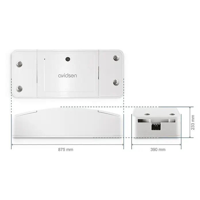 Avidsen Módulo de comando inalámbrico WiFi - 50 m - Ilustración de las dimensiones del Avidsen Smart Home Hub: 875 mm de ancho, 390 mm de profundidad y 233 mm de altura.