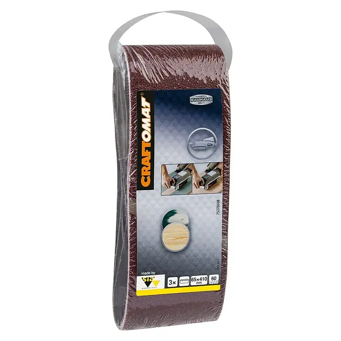 Craftomat Lija de banda - L x An: 410 x 65 mm, Grano: 60, 3 ud. - Juego de bandas de lijado Craftomat con tres bandas de grano 60, tamaño 65x410 mm, ideal para lijar diversas superficies.