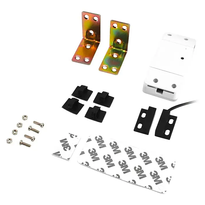 Avidsen Módulo de comando inalámbrico WiFi - 50 m - Un conjunto de materiales de montaje que incluye soportes angulares, tornillos, clips para cables y cinta de doble cara, ideal para instalar dispositivos electrónicos.