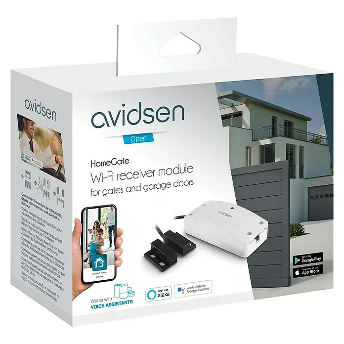Avidsen Módulo de comando inalámbrico WiFi - 50 m - Embalaje del módulo receptor Wi-Fi Avidsen HomeGate para puertas y puertas de garaje, mostrando el logotipo y la ilustración del producto.