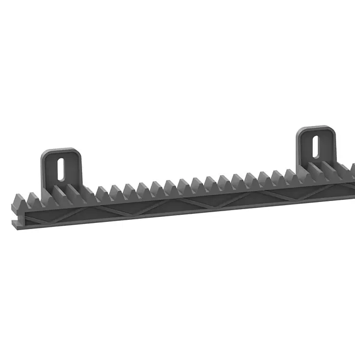 Avidsen Mecanismo de puerta de garaje Zenia 250 - Anchura puerta: 0 m - 4 m, 24 W - Primer plano de una cremallera gris con agujeros de montaje, sobre un fondo negro.