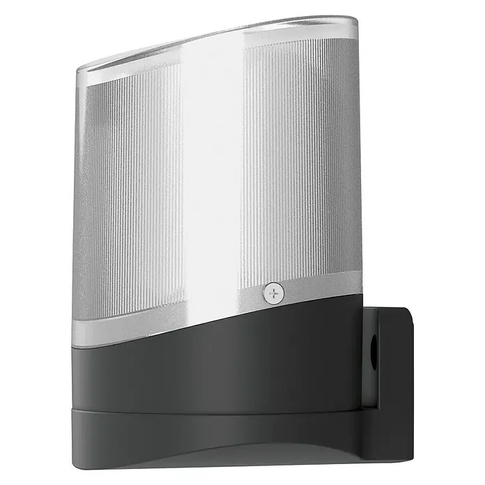 Avidsen Luces intermitentes LED para mecanismos de puerta de garaje - 8 W - Primer plano de una moderna lámpara de exterior gris con superficie estriada y diseño redondeado.