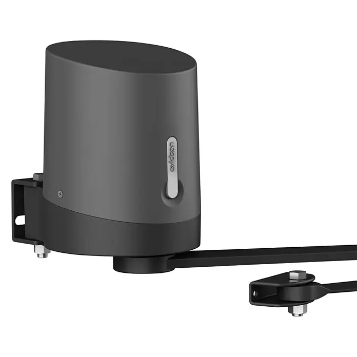 Avidsen Mecanismo de puerta de garaje Orane 510 con brazo articulado - Anchura puerta: 0 m - 2,5 m - Abridor de puerta automático Avidsen, gris, con accesorios de montaje aislados sobre un fondo negro.