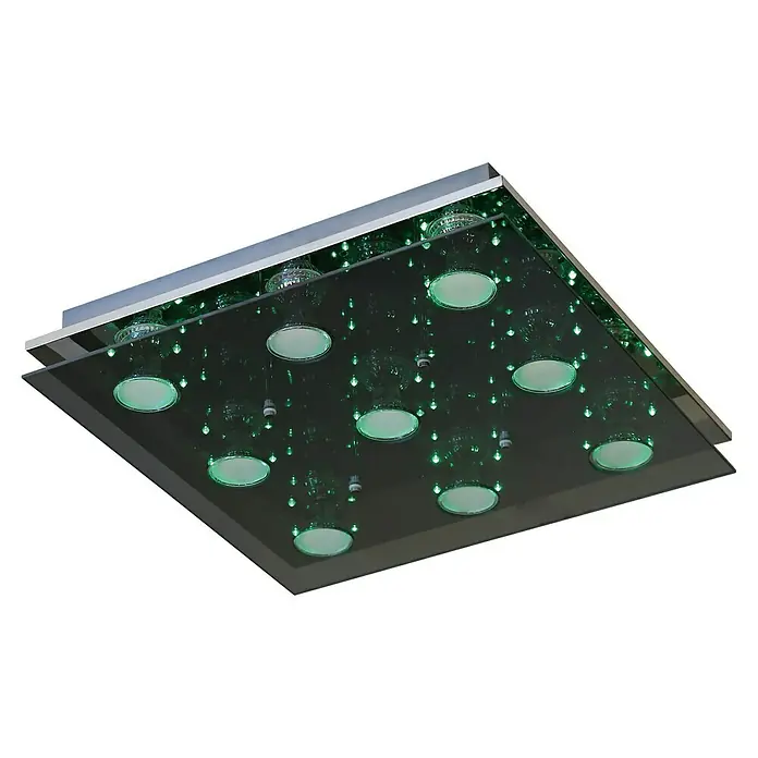 Tween Light Plafón LED Susa - 17,92 W, L x An x Al: 42 x 42 x 7,5 cm, Blanco cálido - Primer plano de una lámpara de techo cuadrada con luces verdes y detalles cromados, mostrando un diseño moderno y elegante.