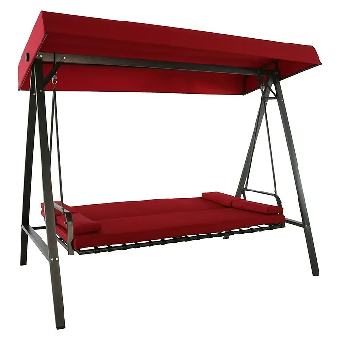 Sunfun Maja Hollywoodschaukel - 230 x 135 x 188 cm, Rot - Eine rote Hollywoodschaukel mit einer gepolsterten Sitzfläche und einem Sonnendach zum Entspannen im Garten.