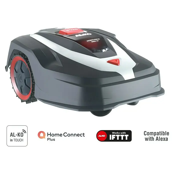 AL-KO Mähroboter Robolinho 350W - 350 m², Schnittbreite: 20 cm, Induktionsgestützte Navigation, Begrenzungskabel - Das Bild zeigt einen AL-KO Robolinho 350 W Mähroboter mit Home Connect Plus, IFTTT und Alexa Kompatibilität.