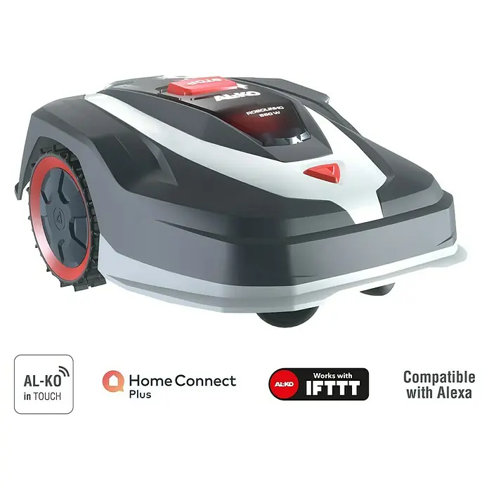 AL-KO Mähroboter Robolinho 550W - 550 m², Schnittbreite: 20 cm, Induktionsgestützte Navigation, Begrenzungskabel - Nahaufnahme eines AL-KO Robolinho 850 W Mähroboters, der mit Apps wie Home Connect Plus und Alexa kompatibel ist.