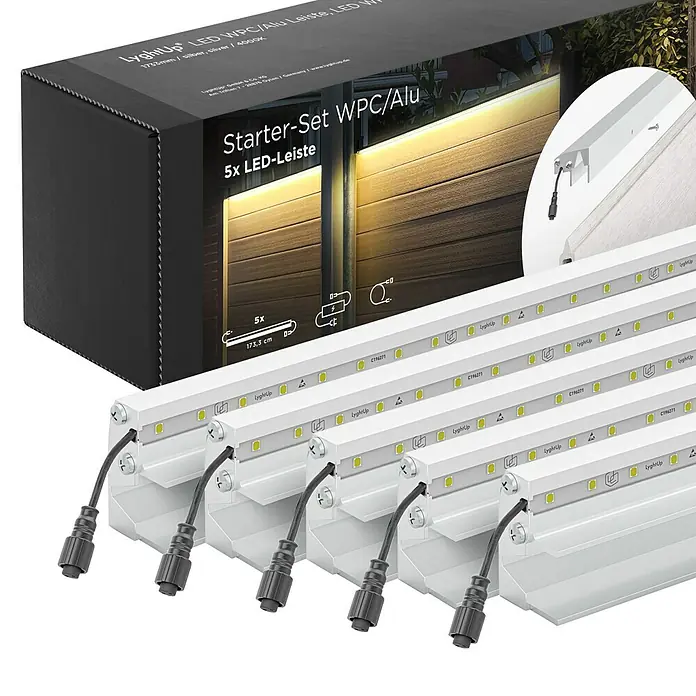 LyghtUp Zaunbeleuchtung Starter-Set - Länge: 173,3 cm, Silber, Passend für: WPC- und Aluminium-Steckzäune, 7 -tlg. - Produktbild des LyghtUp LED WPC/Alu Starter-Sets mit fünf LED-Leisten in Silber (1733mm, 4000K) für den Außenbereich.
