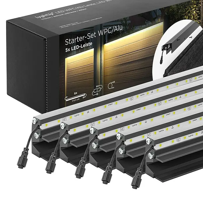 LyghtUp Zaunbeleuchtung Starter-Set - Länge: 173,3 cm, Anthrazit, Passend für: WPC- und Aluminium-Steckzäune, 7 -tlg. - Ein LyghtUp LED WPC/Alu Leiste Starter-Set mit 5 LED-Leisten, ideal für stilvolle Außenbeleuchtung mit 173,3 cm Länge und 4000K Farbtemperatur.